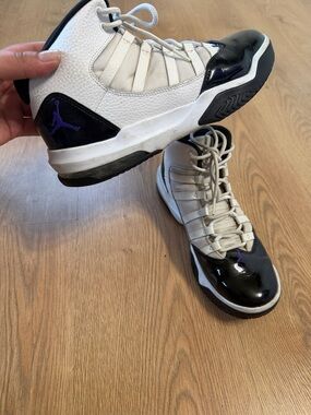 Jordan High-Top Sneakers in White, Black & Purple